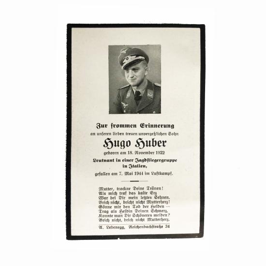 WW2 Luftwaffe Death Card - Lieutenant Hugo Huber.